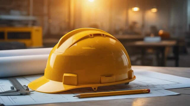 Yellow hard hat on blueprints with pencil and caliper construction planning tools