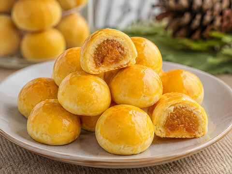 Traditional Indonesian Pineapple Nastar Cookies on White Plate, Close-Up