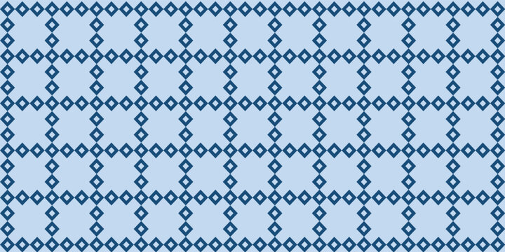Seamless geometric pattern of dark blue decorative square grid lines on a light blue background.