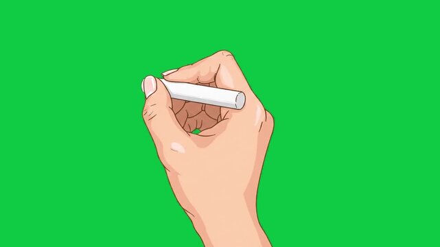 Hand holding white stick of chalk isolated on green screen chroma key background for academic classroom education lesson