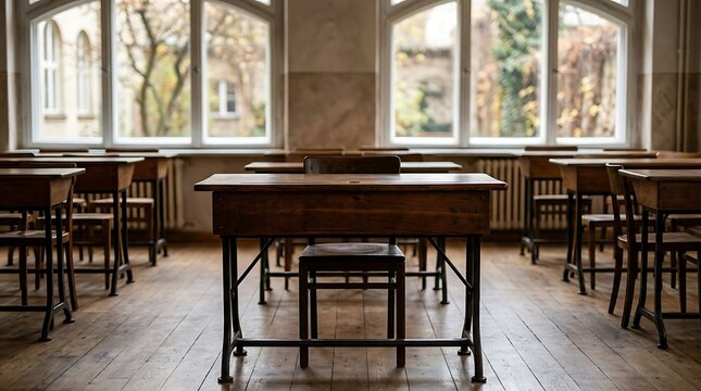 Empty vintage classroom with old wooden desks and large windows