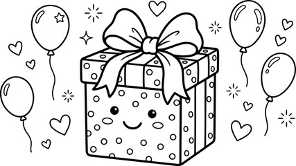 A cute hand drawn coloring page featuring a happy gift box with a big bow surrounded by floating balloons and hearts.