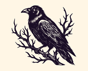 Obraz premium Mysterious 3 eyes raven perched on a gnarled, bare branch in a classic woodcut illustration style, evoking ancient folklore, gothic charm, and a sense of dark elegance