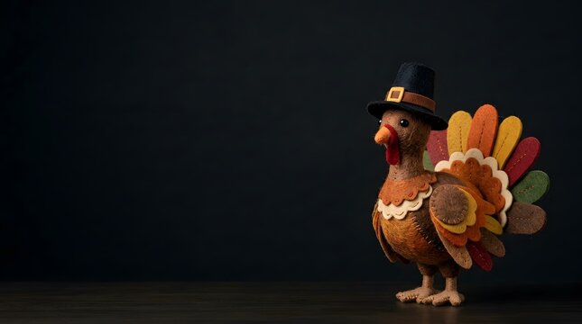 Cute Handcrafted Felt Thanksgiving Turkey in Pilgrim Hat on Dark Wooden Background with Copy Space