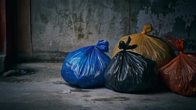 Dark gritty urban alley with colorful tied garbage bags piled on cracked concrete street