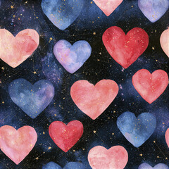 Fototapeta premium Watercolor hearts pattern with pink and blue tones on dark starry background