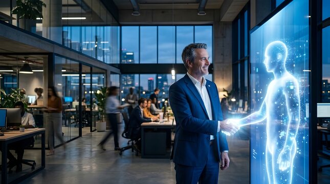 Businessman shaking hands with a digital human hologram in a futuristic AI technology workplace.