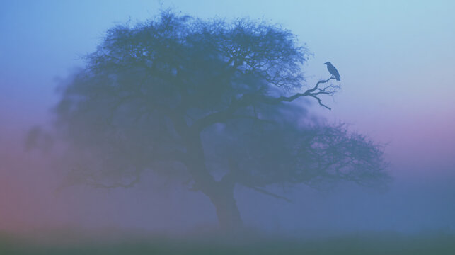 Bare tree silhouette in fog with a bird