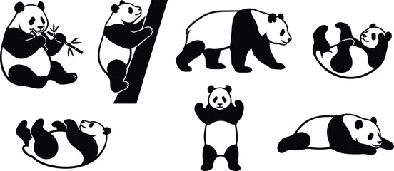 Black panda silhouettes in sitting, climbing, walking, lying, and standing poses showcasing playful wildlife animal behavior © MdAzijul