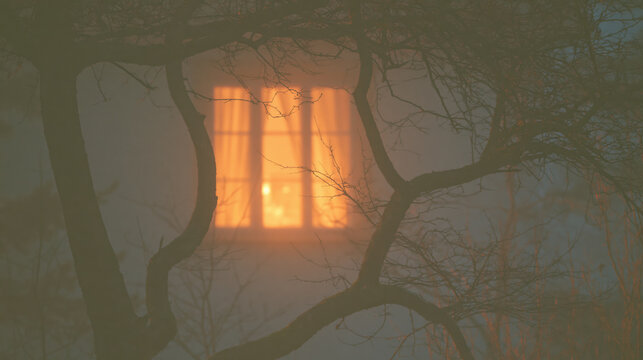 Warm house window glows through bare branches at dusk