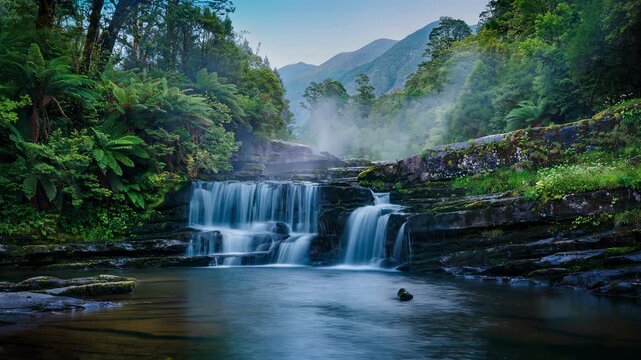 Serene waterfall cascading over rocky ledges surrounded by lush green forest in nature landscape
