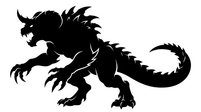 Helloween Fierce monster silhouette vector, aggressive horned beast mascot, mythical creature with sharp claws and spikes, black fantasy demon graphic Vector