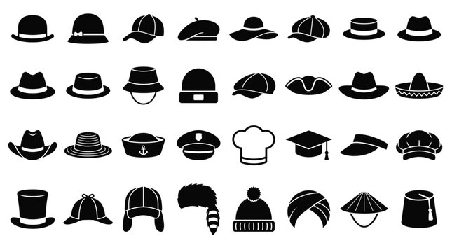 Collection of 32 black headwear and hat icons including a baseball cap, fedora, cowboy hat, chef hat, graduation cap, sombrero, beanie, and top hat on a white background.
