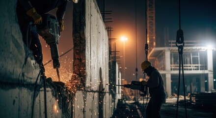 Fototapeta premium Demolition Crew Works Hard On Construction Site At Night