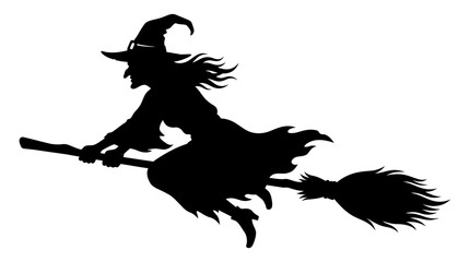Helloween Witch silhouette flying on broomstick, black magic sorceress vector icon, spooky Halloween character profile on white background Vector © MST