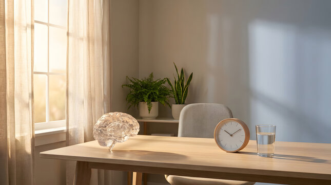 Brain model, alarm clock, and glass of water on a sunlit table, showing biological clock science, sleep health, and circadian rhythm concept