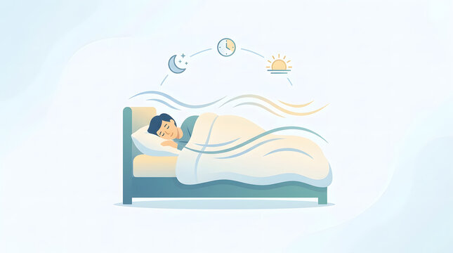 Soft illustration of a person sleeping in bed with moon, sun, clock, and flowing lines, showing circadian rhythm and sleep wellness concept