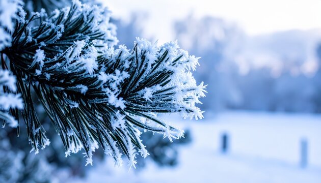 Extreme Close Up Frosty Pine Needles Covered in White Ice Crystals on Frozen Winter Morning
