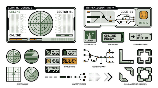 Retro Sci-Fi HUD UI Kit, Pixel Art Command Console and Radar Screen Vector, Futuristic Cyberpunk Interface Elements for Game Design