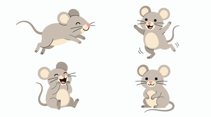 Fototapeta premium Four adorable gray cartoon mice characters in various dynamic and joyful poses against a clean white background, representing childhood playfulness and illustrating animated fun