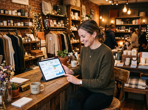 Small Business Owner Using Tablet to Check Real Time Sales Analytics