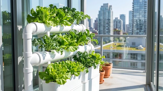 Modern Vertical Hydroponic Garden with Lettuce on Apartment Balcony