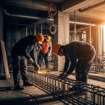 Dedicated Construction Workers Crafting Rebar Structure With Sparks Flying