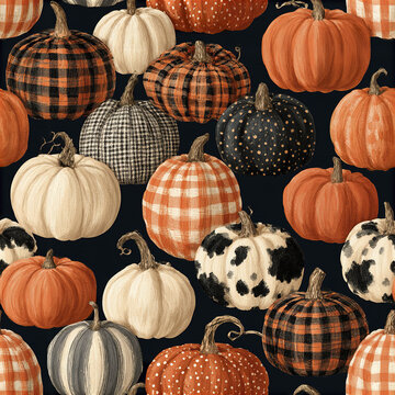 Rustic autumn pumpkin seamless pattern with assorted plaid and polka dot designs