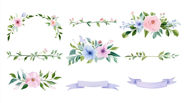 Watercolor Floral Elements Collection: Delicate Pink and Blue Flowers, Greenery Borders, and Lavender Ribbons for Invitations, Cards, and Decorative Designs - Isolated on White Background