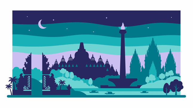 Stylized vector art displaying Borobudur, Monas, temple gates and boats under a starry night with a crescent moon, Symbolizing Indonesian culture, representing travel and heritage