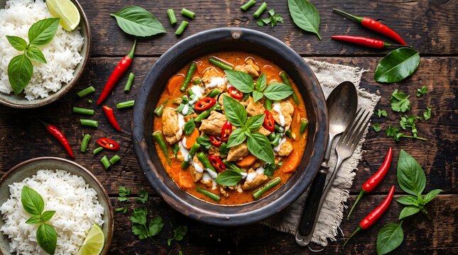Thai red curry with chicken and vegetables in a rustic bowl