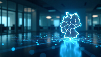 Fototapeta premium Digital cybersecurity shield encases Germany map in glowing blue network with corporate background