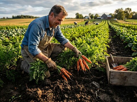 Farmer harvesting fresh carrots in organic farm field.
