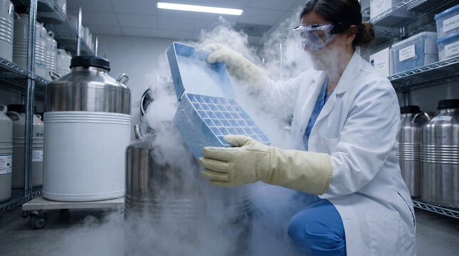 Researcher retrieving a sample box from a liquid nitrogen cryogenic storage tank
