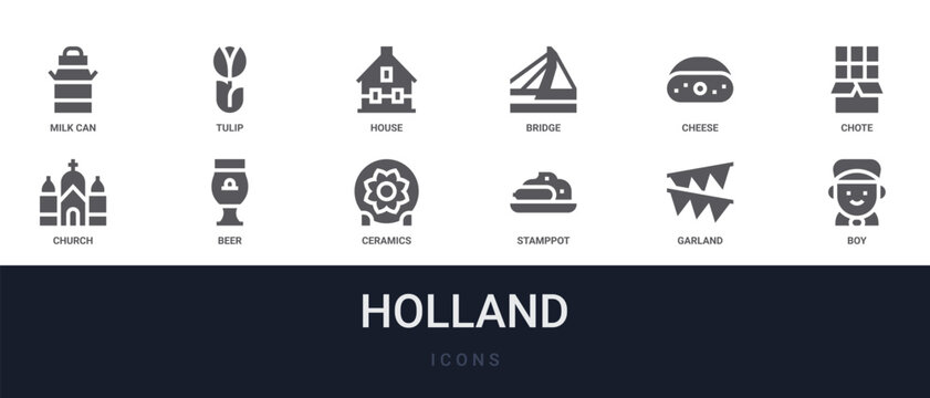 Set of 12 solid Holland icons for dashboards, app screens and website sections. Filled glyph collection including tulip, bridge, chote, beer and ceramics.