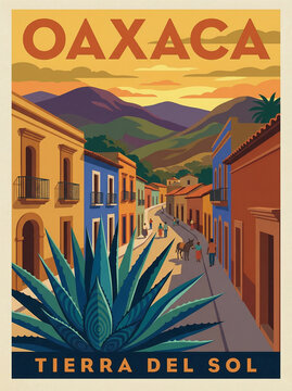 Vintage travel poster illustration of Oaxaca Mexico featuring a large blue agave plant in foreground, colorful colonial street architecture, and scenic mountains