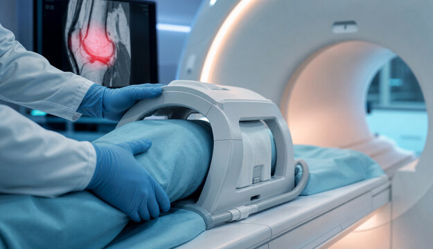 Generative AI image of knee MRI coil positioning in a modern MRI suite, showing advanced magnetic resonance imaging technology for professional diagnosis and healthcare.