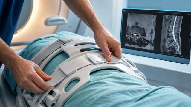Generative AI image of torso array coil fastening in a modern MRI suite, showing advanced magnetic resonance imaging technology for professional diagnosis and healthcare.