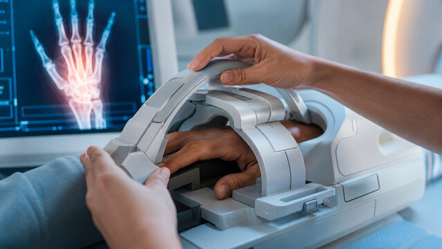 Generative AI image of hand MRI coil adjustment in a modern MRI suite, showing advanced magnetic resonance imaging technology for professional diagnosis and healthcare.