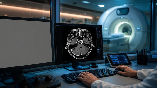 Generative AI image of MRI operating console in a modern MRI suite, showing advanced magnetic resonance imaging technology for professional diagnosis and healthcare.