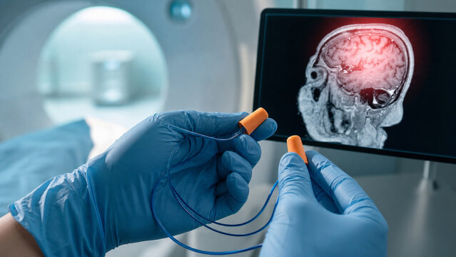 Generative AI image of MRI earplug preparation in a modern MRI suite, showing advanced magnetic resonance imaging technology for professional diagnosis and healthcare.