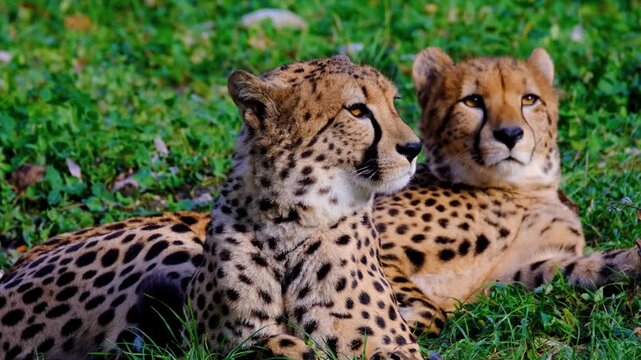 Majestic cheetah pair resting on green grass, wild African cheetahs in natural habitat, spotted big cats lounging in savannah meadow
