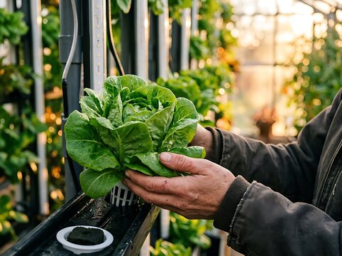 Gardener planting herbs in raised garden bed.