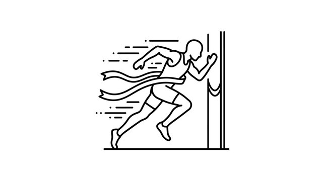 A minimalist line art illustration of a male athlete crossing the finish line.