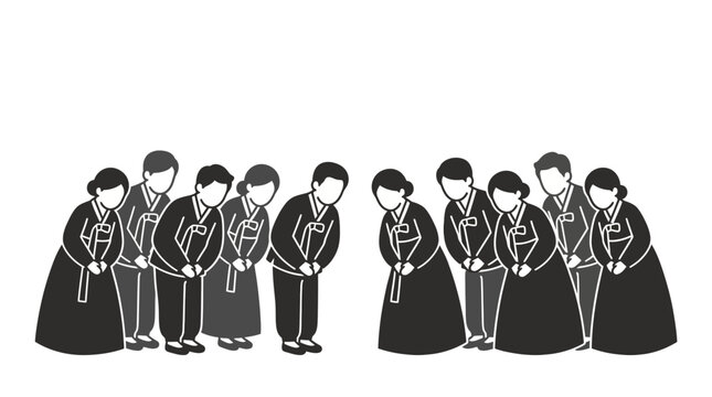 Group of people in traditional Korean hanbok clothing bowing to each other.