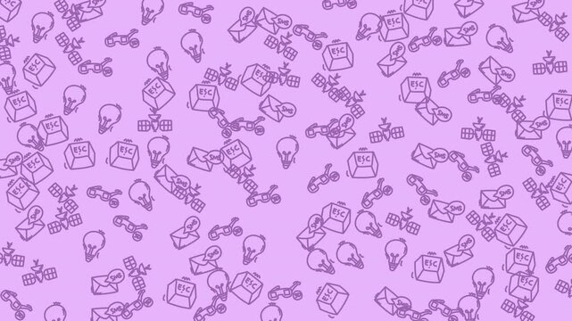 Background with lightbulb, envelope, computer key, and satellite icons in a purple pattern. Ideal for technology or innovation concepts.