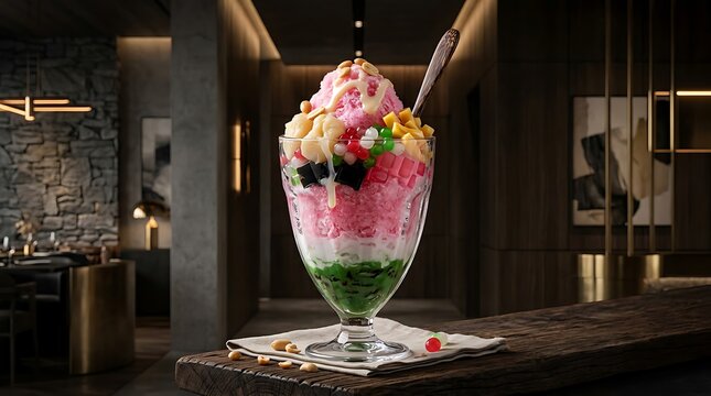 Colorful layered dessert in glass on wooden table.