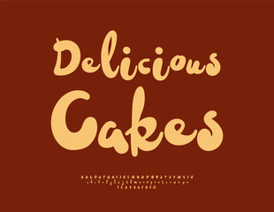 Obraz premium Vector Advertising label Delicious Cake. Bright Cute Handwritten Font. Modern Playful Alphabet Letters and Numbers set.