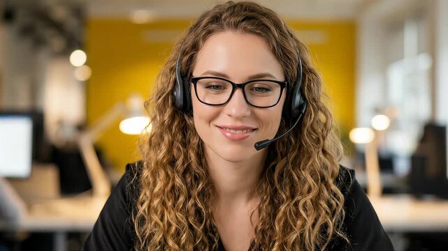 Woman talks on headset while focusing on computer screen. Four frames show her different expressions and interactions. Bright office space with warm lighting