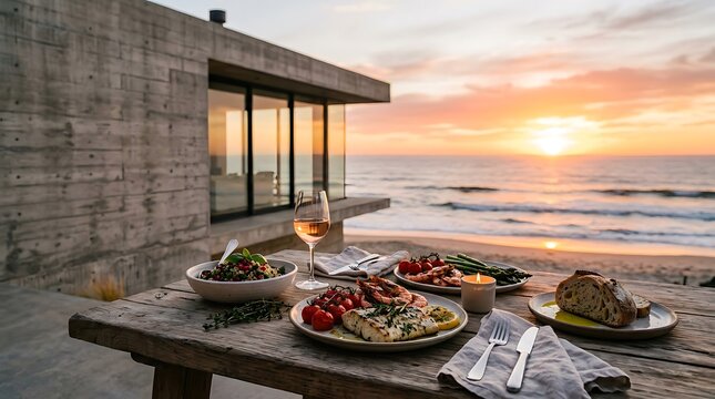 Golden hour dinner table with pizza and wine outdoors.